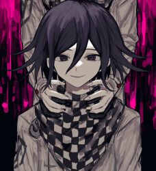 Rule 34 | 1boy, blood drip, chain, checkered clothes, checkered scarf, danganronpa (series), danganronpa v3: killing harmony, hair between eyes, hands on another&#039;s neck, highres, logo, looking at viewer, male focus, oma kokichi, pale skin, purple eyes, purple hair, ringed eyes, scarf, short hair, simple background, smirk, solo, standing, straitjacket, wa noko, wavy hair