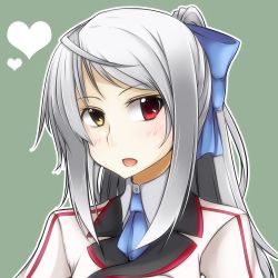 Rule 34 | 10s, 1girl, alternate hairstyle, bad id, bad pixiv id, bow, artistic error, hair bow, heart, heterochromia, infinite stratos, laura bodewig, long hair, necktie, no eyepatch, open mouth, pako (moto paco), ponytail, red eyes, silver hair, simple background, solo, uniform, upper body, yellow eyes