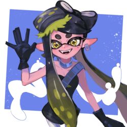 Rule 34 | 1girl, :d, arm up, bare shoulders, black dress, black gloves, black hair, blonde hair, blue background, border, bow-shaped hair, callie (splatoon), choker, commentary request, cowboy shot, dress, earrings, fangs, gloves, gradient hair, grey choker, highres, inkling, jewelry, long hair, looking at viewer, mole, mole under eye, multicolored hair, nintendo, open mouth, outside border, pantyhose, pointy ears, pwp ll, smile, solo, splatoon (series), splatoon 3, star-shaped pupils, star (symbol), strapless, strapless dress, swept bangs, symbol-shaped pupils, tentacle hair, twintails, two-tone hair, very long hair, waving, white border, white pantyhose, yellow eyes