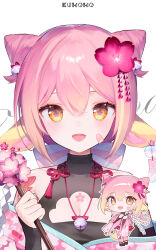 Rule 34 | 1girl, ainy, animal ears, bandaid, bandaid on face, bare shoulders, bell, black shirt, bow, breasts, character name, chibi, chibi inset, cleavage, cleavage cutout, clothing cutout, cone hair bun, floral print, flower, flower-shaped pupils, gohei, hair bell, hair between eyes, hair bun, hair flower, hair ornament, hand up, highres, holding, holding gohei, indie virtual youtuber, japanese clothes, jingle bell, kimono, kumomo (vtuber), looking at viewer, lop rabbit ears, miko, off shoulder, official art, open mouth, pink bow, pink hair, pink kimono, print kimono, rabbit ears, rabbit girl, shirt, sidelocks, simple background, sleeveless, sleeveless shirt, small breasts, smile, straight-on, striped, striped bow, symbol-shaped pupils, upper body, virtual youtuber, white background, white bow, yellow eyes