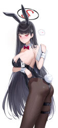 Rule 34 | ..., 1girl, absurdres, alternate costume, animal ears, arm under breasts, ass, black hair, black leotard, blue archive, breasts, brown pantyhose, closed mouth, cryturtle, fake animal ears, fake tail, halo, heart, highres, holding, holding tablet pc, large breasts, leotard, long hair, pantyhose, playboy bunny, rabbit ears, rabbit tail, red eyes, rio (blue archive), speech bubble, spoken ellipsis, spoken heart, straight hair, tablet pc, tail, very long hair