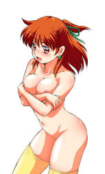 Rule 34 | 1girl, :d, anice farm, borgman, breast hold, breasts, breasts squeezed together, chouon senshi borgman, crossed arms, cyborg, earrings, from above, half updo, jewelry, kouda tomohiro, looking at viewer, nipples, nude, open mouth, orange hair, red eyes, red hair, shiny skin, simple background, smile, solo, thighhighs, white background