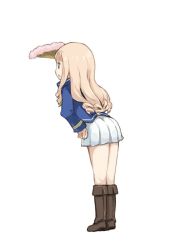 Rule 34 | 1girl, ass, bc freedom military uniform, blonde hair, blue eyes, boots, commentary request, from behind, full body, girls und panzer, hand fan, hand on own hip, hand up, jacket, leaning forward, long hair, long sleeves, marie (girls und panzer), pleated skirt, saiguchi otoufu, skirt, solo, standing, white background