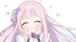 Rule 34 | 1girl, blue archive, blush, capelet, closed eyes, commentary request, commission, flower, hair bun, hair flower, hair ornament, hair ribbon, hands on own cheeks, hands on own face, head rest, long hair, looking at viewer, mika (blue archive), nekokichi (neco1257), pink hair, purple flower, ribbon, scrunchie, sidelocks, simple background, single side bun, skeb commission, smile, solo, starry sky print, white background, white capelet, white ribbon, wrist scrunchie