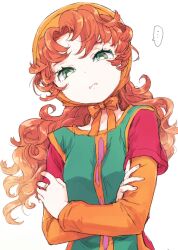 Rule 34 | 1girl, curly hair, dragon quest, dragon quest vii, dress, green eyes, head scarf, jewelry, long hair, longdenkikettle, looking at viewer, maribel (dq7), orange hair, ring, simple background, solo, white background
