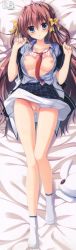 Rule 34 | 1girl, :o, absurdres, ahoge, asamiya himari, bed sheet, between breasts, blue eyes, blue skirt, blush, bow, bra, bra lift, breasts, brown hair, button eyes, buttons, clothes lift, collarbone, d.s. -dal segno-, dakimakura (medium), eyebrows, feet, flat cap, from above, full body, hair between eyes, hair bow, hair intakes, hat, head tilt, highres, huge filesize, large breasts, long hair, long image, looking at viewer, looking up, lying, necktie, necktie between breasts, nipples, no shoes, open clothes, open shirt, panties, pantyshot, parted lips, pillow, pink bra, pink panties, pleated skirt, school uniform, shirt, short sleeves, skirt, skirt lift, socks, solo, tall image, tanihara natsuki, unbuttoned, unbuttoned shirt, underwear, white hat, white socks, yellow bow