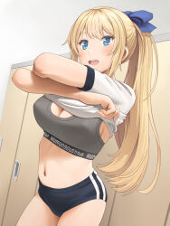 Rule 34 | 1girl, blonde hair, blue bow, blue eyes, blush, bow, breasts, commentary request, hair bow, highres, long hair, medium breasts, meow (nekodenki), open mouth, original, ponytail, shirt, short sleeves, solo, sports bra, thighs, undressing, white shirt