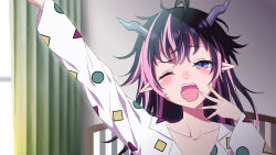 Rule 34 | 1girl, ahoge, alternate costume, alternate hairstyle, arm up, black hair, blue eyes, blush, commentary, curtains, demon girl, demon horns, earrings, grey horns, horns, indoors, jewelry, long hair, long sleeves, looking at viewer, medium bangs, messy hair, multicolored hair, nanashi inc., oinomori may, open mouth, pajamas, pink hair, pointy ears, single earring, solo, tearing up, teeth, two-tone hair, ucbjw5p6zb79750, upper body, upper teeth only, virtual youtuber, waking up, yawning