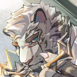 Rule 34 | 1boy, ahamma, animal ears, arknights, bandaged hand, bandages, chain, chain necklace, close-up, fingerless gloves, fingernails, furry, furry male, gloves, jewelry, looking at viewer, male focus, mountain (arknights), muscular, muscular male, necklace, scar, scar across eye, scar on face, sharp fingernails, short hair, solo, sunlight, thick eyebrows, tiger boy, tiger ears, white fur, white hair
