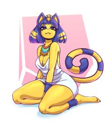 Rule 34 | 1girl, :3, absurdres, animal crossing, animal ears, animal feet, ankha (animal crossing), bare shoulders, between legs, blunt bangs, bob cut, breasts, cat ears, cat girl, cat tail, colored skin, commentary, dress, english commentary, fangs, fangs out, full body, green eyes, hair ornament, hand between legs, highres, large breasts, looking at viewer, medium hair, nintendo, purple hair, simple background, sitting, smile, snake hair ornament, solo, striped tail, tail, telepurte, usekh collar, white dress, yellow skin