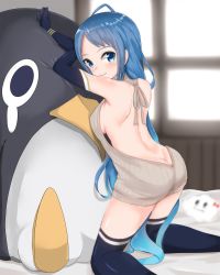 Rule 34 | 10s, 1girl, ahoge, alternate costume, ass, back, backless dress, backless outfit, bare back, bare shoulders, bed sheet, black gloves, black thighhighs, blue eyes, blue hair, blush stickers, breasts, butt crack, closed mouth, cowboy shot, dimples of venus, dress, elbow gloves, failure penguin, female focus, fingernails, from behind, gloves, gradient hair, grey dress, grey sweater, halterneck, highres, instant (ioarthus), kantai collection, kneeling, legs apart, long hair, looking at viewer, looking back, medium breasts, meme attire, multicolored hair, naked sweater, no bra, no panties, on bed, revision, ribbed sweater, samidare (kancolle), shoulder blades, sideboob, sleeveless, sleeveless turtleneck, smile, solo, sweater, sweater dress, thighhighs, turtleneck, turtleneck sweater, very long hair, virgin killer sweater
