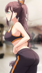 Rule 34 | 1girl, absurdres, adjusting clothes, ass, bare arms, bare shoulders, black pants, black ribbon, blurry, blurry background, brown hair, commentary request, commission, cowboy shot, depth of field, from side, green eyes, gya (144), hair ribbon, highres, indoors, leaning forward, long hair, pants, pixiv commission, ponytail, profile, re:zero kara hajimeru isekai seikatsu, ribbon, shaula (re:zero), single sidelock, smile, solo, sports bra, very long hair, yoga pants