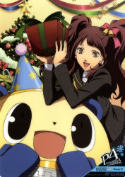 Rule 34 | 10s, :d, atlus, black eyes, brown eyes, brown hair, christmas, christmas tree, earrings, gift, happy, hat, highres, jewelry, kujikawa rise, kuma (persona 4), lipstick, makeup, open mouth, party hat, persona, persona 4, persona 4 the animation, pink lips, ribbon, sakai moe, smile, star (symbol), surprised, twintails