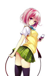 Rule 34 | 10s, 1girl, absurdres, arched back, ass, black thighhighs, cellphone, demon tail, highres, loafers, looking at viewer, momo velia deviluke, phone, pink eyes, pink hair, plaid, plaid skirt, pleated skirt, scan, school uniform, shoes, short hair, simple background, skirt, smile, solo, tail, thighhighs, to love-ru, to love-ru darkness, vest, white background, yabuki kentarou, zettai ryouiki