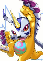 Rule 34 | absurdres, arm up, claws, clenched hands, commentary request, digimon, digimon (creature), gabumon, highres, horns, looking at viewer, no humans, open mouth, red eyes, sharp teeth, signature, simple background, single horn, solo, tail, teeth, twitter username, watagashikn, white background