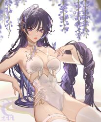 Rule 34 | 1girl, absurdres, braid, bug, butterfly, closed mouth, clothing request, flower, flower request, garter straps, genshin impact, highres, insect, lingerie, long hair, looking at viewer, low-braided long hair, low-tied long hair, mole, mole under eye, nevercrymoon, purple eyes, purple flower, purple hair, raiden shogun, solo, underwear, white background, white butterfly, white theme