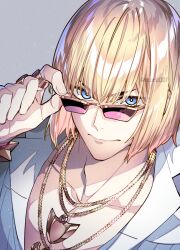 Rule 34 | 1boy, adjusting eyewear, artist name, blonde hair, blue eyes, bob cut, fate/grand order, fate (series), jewelry, looking at viewer, male focus, moru, muscular, muscular male, necklace, pectoral cleavage, pectorals, ring, sakata kintoki (fate), shirt, short hair, simple background, solo, sunglasses, upper body, white background, white shirt