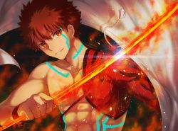 Rule 34 | 1boy, abs, embers, emiya shirou, fate/grand order, fate (series), glowing, glowing weapon, grin, highres, holding, holding sword, holding weapon, igote, limited/zero over, looking at viewer, male focus, md5 mismatch, orange eyes, red hair, resolution mismatch, rune (rne at), senji muramasa (fate), single bare shoulder, smile, solo, source smaller, sword, tassel, tattoo, toned, toned male, upper body, weapon, wristband