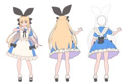 Rule 34 | 1girl, absurdres, apron, black bow, black footwear, blonde hair, blue dress, bobby socks, bow, commentary request, contrapposto, dress, enkyo yuuichirou, frilled dress, frilled legwear, frills, green eyes, hair bow, hairband, hand on own chest, highres, large bow, long hair, mary janes, mononobe alice, mononobe alice (1st costume), multiple views, nijisanji, puffy short sleeves, puffy sleeves, shoes, short sleeves, simple background, smile, socks, standing, virtual youtuber, white apron, white background, white legwear