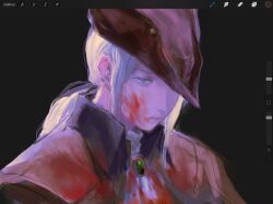 Rule 34 | 1girl, art program in frame, ascot, bicorne, blood, blood on clothes, blood on face, bloodborne, brooch, closed mouth, grey eyes, hat, highres, jewelry, keibleh, lady maria of the astral clocktower, long hair, ponytail, solo, upper body, white ascot, white hair