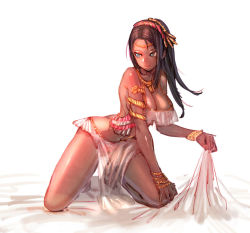 Rule 34 | 1girl, ass, blue eyes, bow (bhp), bracelet, breasts, brown hair, circlet, cleavage, dark-skinned female, dark skin, hairband, harem outfit, jewelry, kneeling, large breasts, long hair, necklace, original, simple background, smile, snake armband, solo, white background