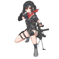 Rule 34 | 1girl, bandaid, bandaid on cheek, bandaid on face, bandana, beretta m12, black gloves, black socks, camouflage, camouflage shirt, closed mouth, dolphin shorts, elbow pads, full body, girls&#039; frontline, gloves, goggles, goggles on head, grey footwear, gun, holding, holding gun, holding weapon, holster, knee pads, long hair, looking at viewer, m12 (girls&#039; frontline), official art, on one knee, ponytail, shadow, shirt, shoes, short shorts, short sleeves, shorts, sidelocks, smile, sneakers, socks, solo, squatting, submachine gun, thigh holster, thighs, transparent background, weapon