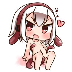 Rule 34 | 1girl, :d, barefoot, blush, chibi, collarbone, commentary request, covering nipples, covering privates, fang, full body, hair between eyes, hana kazari, heart, living clothes, long hair, looking at viewer, navel, nude, open mouth, original, red eyes, shokushu-chan, smile, solo, tail, tentacles, translation request, v-shaped eyebrows, white background, white hair
