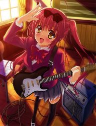 Rule 34 | 1girl, :d, absurdres, amakusa tobari, amplifier, black thighhighs, blush, bow, chair, classroom, curtains, guitar, highres, holding, indoors, instrument, long hair, looking at viewer, open mouth, original, plectrum, red hair, scan, school, school swimsuit, school uniform, sheet music, shoes, smile, solo, sunlight, swimsuit, thighhighs, twintails, uwabaki, window, yellow eyes, zettai ryouiki