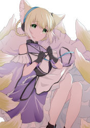 Rule 34 | 1girl, absurdres, animal ear fluff, animal ears, arknights, bare shoulders, black gloves, blonde hair, blush, braid, braided hair rings, closed mouth, clothing cutout, commentary request, covered collarbone, frilled skirt, frills, gloves, green eyes, hair rings, highres, infection monitor (arknights), looking at viewer, multicolored hair, multiple tails, purple skirt, red (aba02), shoulder cutout, simple background, skirt, solo, suzuran (arknights), tail, twin braids, two-tone hair, white background, white hair