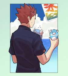 Rule 34 | 1boy, alternate costume, cloud, commentary request, creatures (company), cup, day, dratini, food, game freak, gen 1 pokemon, hand up, highres, holding, holding cup, imasara maki, lance (pokemon), male focus, nintendo, ocean, outdoors, pokemon, pokemon (creature), pokemon hgss, red hair, shaved ice, shirt, short hair, short sleeves, sky, spiked hair, sweatdrop