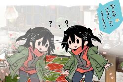 Rule 34 | 1girl, ?, afterimage, black hair, black pants, coat, commentary request, green coat, grey shirt, indoors, kantai collection, official alternate costume, pants, red scarf, scarf, sendai (kancolle), shirt, solid oval eyes, solo, terrajin, translation request, two side up