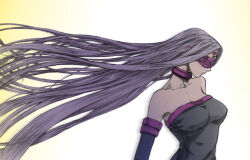 Rule 34 | 1girl, bare shoulders, blindfold, facial mark, fate/stay night, fate (series), forehead mark, frank leung, heaven&#039;s feel, jewelry, long hair, medusa (fate), medusa (rider) (fate), necklace, purple hair, simple background, solo, type-moon, upper body, very long hair
