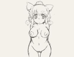 Rule 34 | 1girl, animal ears, arms behind back, bad id, bad pixiv id, blush, breasts, female focus, greyscale, hat, hip focus, inubashiri momiji, large areolae, looking at viewer, medium breasts, monochrome, nipples, nude, omage (hito), short hair, sketch, solo, standing, thigh gap, tokin hat, touhou, uncensored, wide hips, wolf ears