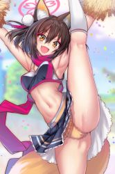 Rule 34 | 1girl, animal ear fluff, animal ears, armpits, arms up, bare shoulders, blue archive, blush, breasts, brown hair, cheerleader, crop top, eyeshadow, flexible, fox ears, fox girl, fox tail, halo, highres, holding, holding pom poms, izuna (blue archive), kneepits, looking at viewer, makeup, medium breasts, midriff, navel, open mouth, panties, pom pom (cheerleading), pom poms, red eyeshadow, short hair, skirt, smile, solo, tail, thighs, underwear, wisespeak, yellow eyes, yellow panties