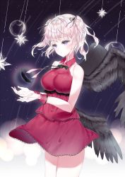 Rule 34 | 1girl, bad id, bad pixiv id, bare arms, bare shoulders, black bow, black feathers, black wings, blush, bow, closed mouth, collarbone, collared dress, commentary, dress, feathered wings, feathers, hands up, light brown hair, multiple wings, original, purple eyes, qlakwnd, red dress, sleeveless, sleeveless dress, solo, standing, two side up, wings, wrist cuffs