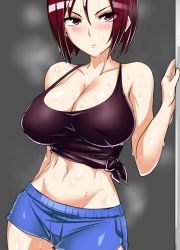 Rule 34 | 1girl, bichd, black tank top, blue shorts, breasts, brown hair, cleavage, contrapposto, eyes visible through hair, groin, highres, large breasts, looking at viewer, midriff, navel, no bra, okyou, opening door, purple eyes, short hair, shorts, sideboob, snk, solo, standing, strap gap, sweat, nervous sweating, tank top, textless version, the king of fighters, third-party edit, whip (kof)