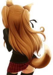 Rule 34 | 1girl, animal ears, ass, clothes lift, fox ears, fox tail, from behind, hair ribbon, kanon, kemonomimi mode, light brown hair, long hair, no panties, plaid, plaid skirt, red skirt, ribbon, sawatari makoto, simple background, skirt, skirt lift, solo, tail, thighhighs, twintails, two side up, wadapen, white background, zettai ryouiki