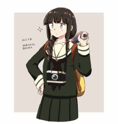 Rule 34 | 1girl, any (lucky denver mint), backpack, bag, black hair, black neckwear, blunt bangs, braid, camera, character name, commentary request, cowboy shot, dated, green serafuku, green skirt, grey background, hair over shoulder, hand on own hip, highres, kantai collection, kitakami (kancolle), long hair, pleated skirt, rolled up paper, school uniform, serafuku, sidelocks, single braid, skirt, solo, twitter username