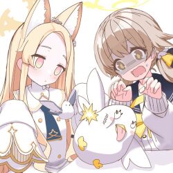Rule 34 | 2girls, animal ear fluff, animal ears, bird, blonde hair, blue archive, breasts, cruciform halo, detached sleeves, fox ears, halo, hifumi (blue archive), light brown hair, long hair, long sleeves, low twintails, multiple girls, o (rakkasei), open mouth, scared, seia (blue archive), simple background, small breasts, stuffed animal, stuffed toy, twintails, white background