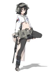 1girl absurdres ammunition_pouch black_hair black_pantyhose crop_top cropped_jacket flat_chest hat headphones highres holding looking_at_viewer navel nusisring_tactical pantyhose pouch shorts standing standing_on_one_leg vectorek weisheng_lyu white_background