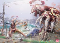 Rule 34 | absurdres, building, claws, commentary request, creatures (company), day, deoxys, deoxys (normal), dynamax, eye contact, fence, game freak, gen 3 pokemon, grass, groudon, highres, legendary pokemon, lens flare, looking at another, mythical pokemon, nintendo, no humans, outdoors, outstretched arms, pokemon, pokemon (creature), power lines, primal groudon, rock, sky, spikes, tentacles, utility pole, yamakake (tororo1293)