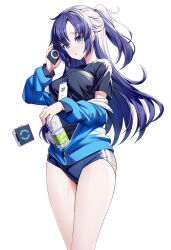 Rule 34 | 1girl, black shirt, blue archive, blue buruma, blue jacket, blush, bottle, breasts, buruma, gym uniform, halo, highres, id card, jacket, lanyard, large breasts, long hair, long sleeves, looking at viewer, official alternate costume, open mouth, parted bangs, partially unzipped, ponytail, purple eyes, purple hair, ririko (zhuoyandesailaer), shirt, solo, star (symbol), sticker on face, track jacket, water bottle, yuuka (blue archive), yuuka (track) (blue archive)