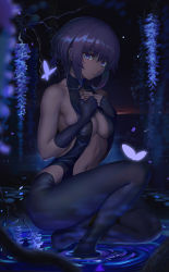 Rule 34 | absurdres, b-pang, bare shoulders, black gloves, black hair, black legwear, blue eyes, breasts, bug, butterfly, center opening, closed mouth, collarbone, dark-skinned female, dark skin, elbow gloves, fate/grand order, fate (series), fingerless gloves, flower, full body, gloves, hands on own chest, hassan of serenity (fate), highres, insect, large breasts, looking at viewer, navel, night, night sky, outdoors, resolution mismatch, revealing clothes, shallow water, short hair, sidelocks, sky, soaking hands, source smaller, squatting, water, wisteria