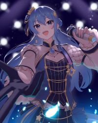 Rule 34 | 1girl, blue eyes, blue hair, breasts, cleavage, cleavage cutout, clothing cutout, crown, dress, foreshortening, gloves, hair bun, hair ornament, hair ribbon, highres, hololive, hoshimachi suisei, hoshimachi suisei (stellar into the galaxy), long hair, md5 mismatch, microphone, mini crown, nisemori, open mouth, outstretched arm, resolution mismatch, ribbon, single glove, small breasts, solo, source larger, star (symbol), star hair ornament, virtual youtuber
