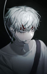 Rule 34 | 1boy, alien stage, black eyes, blood, blood on face, cable, choker, eungo, grey hair, hair between eyes, headset, highres, korean commentary, looking ahead, male focus, portrait, sanpaku, shirt, short hair, solo, till (alien stage), v-shaped eyes, white choker, white shirt