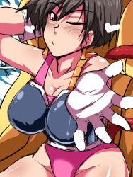 Rule 34 | 1girl, armor, bad id, bad pixiv id, black hair, blowing kiss, breasts, brown eyes, cleavage, dragon ball, dragonball z, gloves, large breasts, leotard, monkey tail, nightmare-doom, outstretched hand, seripa, short hair, solo, tail, white gloves