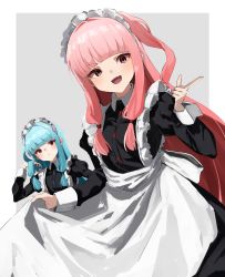 Rule 34 | 2girls, :d, absurdres, alternate costume, apron, black dress, blue hair, closed mouth, dress, fang, grey background, highres, index finger raised, kotonoha akane, kotonoha aoi, long hair, long sleeves, looking at viewer, maid, maid day, maid headdress, multiple girls, open mouth, outside border, pink hair, red eyes, siblings, sidelocks, sisters, smile, voiceroid, white apron, yakata tata