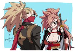 Rule 34 | 1boy, 1girl, answer (guilty gear), asaya minoru, bad id, bad twitter id, baiken, black-framed eyewear, black cape, black jacket, black kimono, blue background, breasts, bridal gauntlets, brown hair, cape, cleavage, covered mouth, eyepatch, facial mark, forehead mark, glasses, guilty gear, guilty gear xrd, high ponytail, holding, holding sword, holding weapon, jacket, japanese clothes, katana, kimono, long hair, looking away, looking to the side, medium breasts, mouth hold, obi, parted bangs, ponytail, profile, red shirt, sash, scar, scar across eye, scar on face, shirt, sword, twitter username, two-tone background, upper body, very long hair, weapon, white background, white kimono