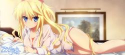 Rule 34 | 10s, 1girl, :t, absolute duo, absurdres, bare legs, bed, blonde hair, blue eyes, breasts, cleavage, copyright name, dress shirt, highres, lilith bristol, long sleeves, medium breasts, no panties, no pants, painting (object), pillow, shirt, solo