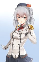 Rule 34 | 10s, 1girl, beret, blue eyes, blush, breasts, epaulettes, gloves, hand on own chest, hat, jenson tw, kantai collection, kashima (kancolle), long hair, looking at viewer, medium breasts, military, military uniform, open mouth, pleated skirt, silver hair, skirt, smile, solo, twintails, uniform, wavy hair, white gloves